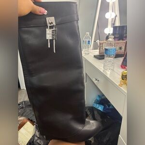Givenchy Black Over-the-Knee Leather Boots with Silver Lock Detail